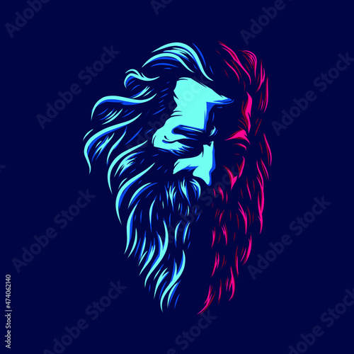 Old man bearded logo line neon art . Colorful design with dark background. Abstract vector illustration.
