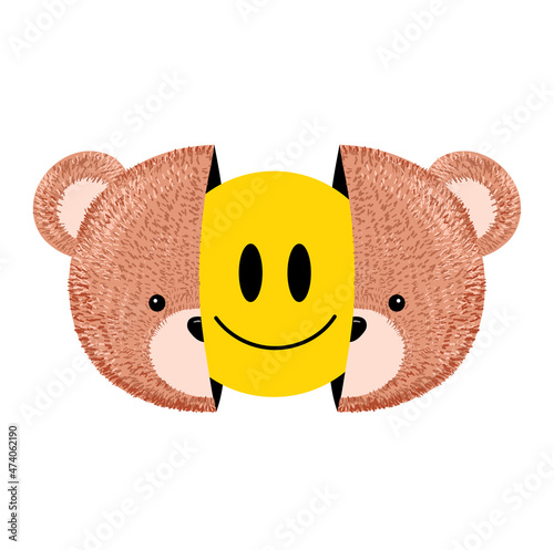 Two half bear toy head with smile face inside print for t-shirt. Vector cartoon kawaii hand drawn pencil style character illustration.Funny cute happy bear,kawaii print for t shirt,logo,poster concept