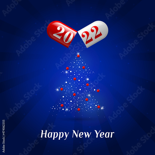 Capsule 2022 and Christmas tree with red toys on a blue background. banner concept Happy new year and merry christmas. Vector  illustration