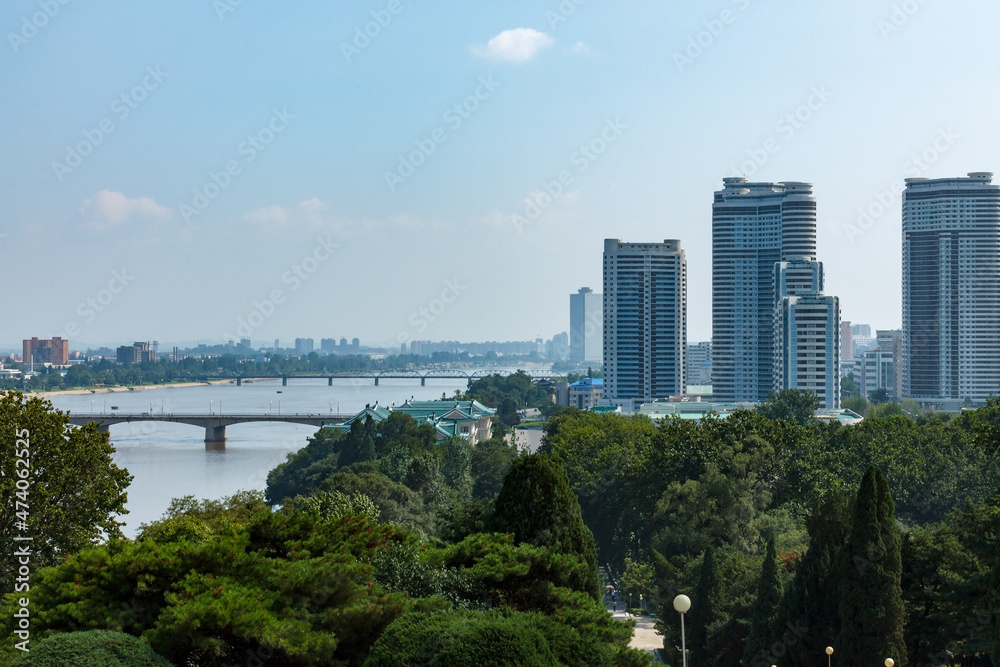 View of the Pyongyang city and the Teadong River. View of the city from the Moranbon hill.