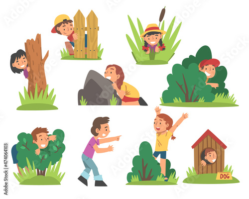 Kids Playing Hide and Seek Concealing Behind Tree and Bush Vector Set