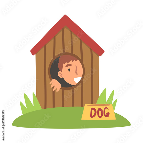 Little Boy Playing Hide and Seek Concealing in Dog Kennel Vector Illustration