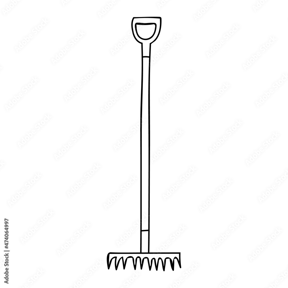Doodle rake icon in vector. Hand drawn rake icon in vector