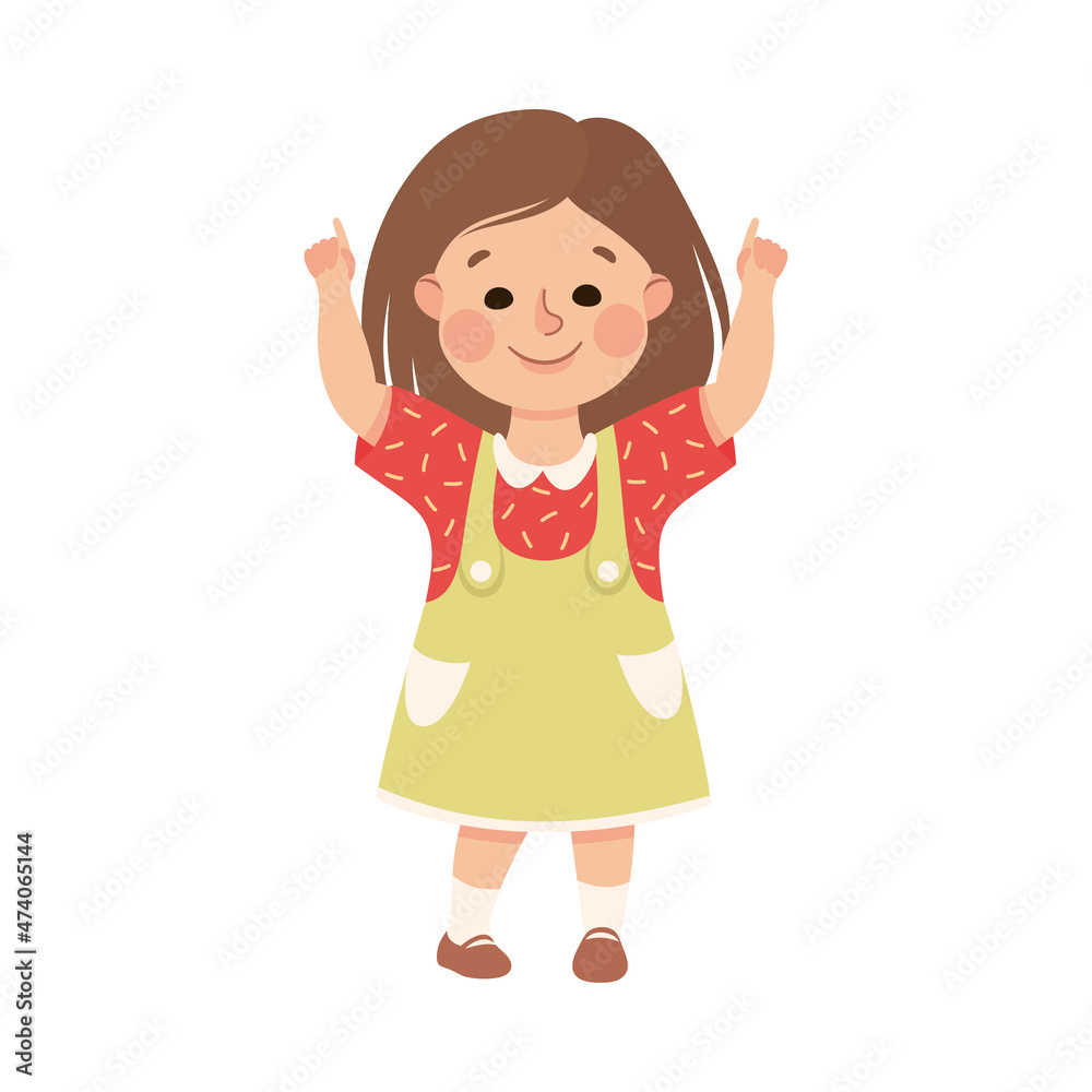 Funny Girl in Pinafore Skirt Pointing at Something with Extending Hand and Index Finger Vector Illustration Funny Girl in Pinafore Skirt Pointing at Something with Extending Hand and Index Finger Vector Illustration