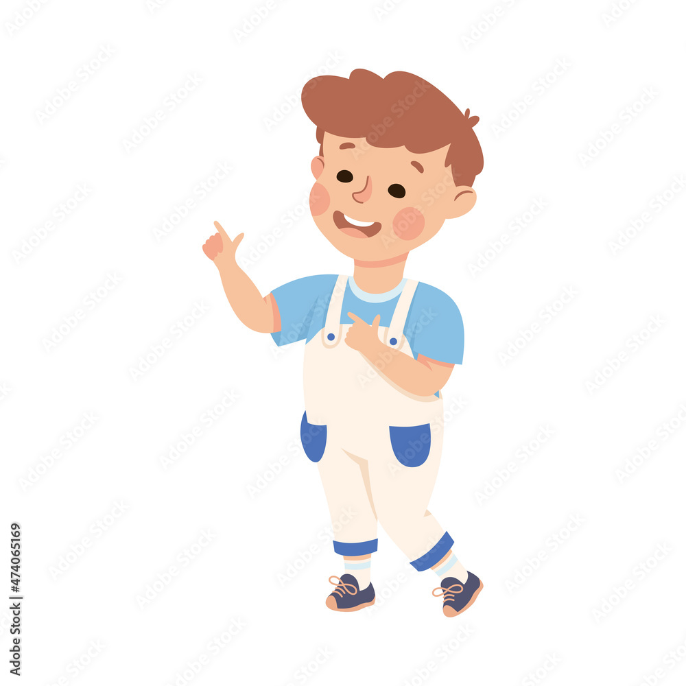 Funny Boy Pointing at Something with Extending Hand and Index Finger Vector Illustration