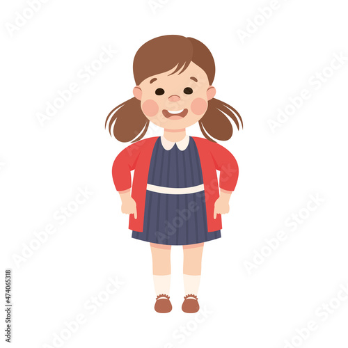 Funny Girl with Ponytail Pointing at Something with Extending Hand and Index Finger Vector Illustration