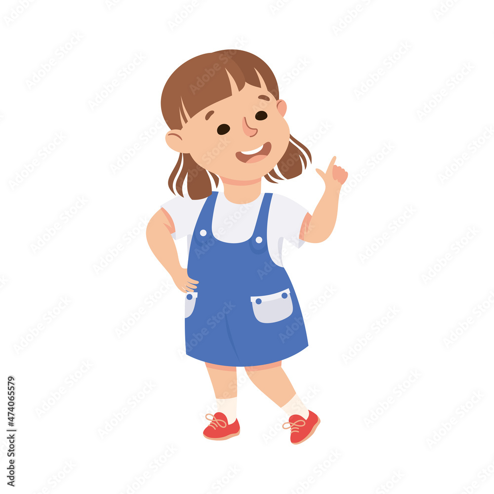 Funny Girl in Pinafore Skirt Pointing at Something with Extending Hand and Index Finger Vector Illustration Funny Girl in Pinafore Skirt Pointing at Something with Extending Hand and Index Finger Vector Illustration