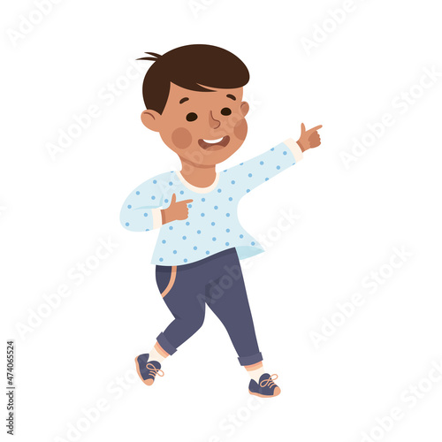 Funny Boy Pointing at Something with Extending Hand and Index Finger Vector Illustration