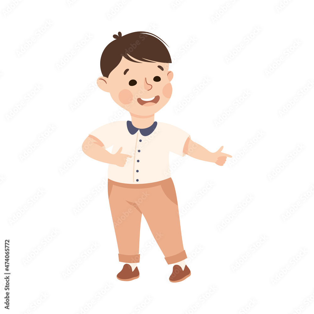 Funny Boy Pointing at Something with Extending Hand and Index Finger Vector Illustration