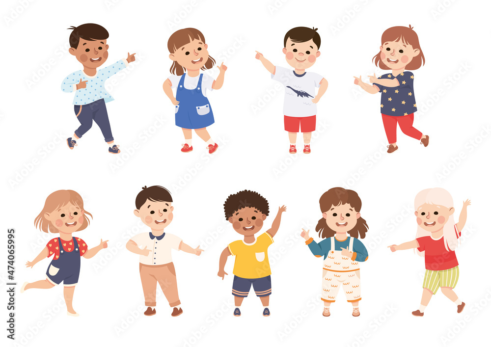 Funny Kids Pointing at Something with Extending Hand and Index Finger Vector Set
