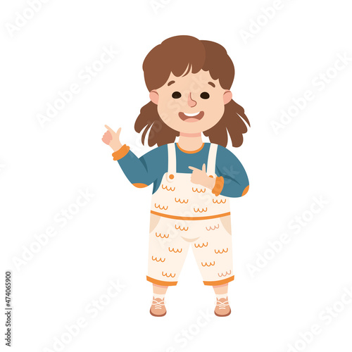 Funny Girl in Jumpsuit Pointing at Something with Extending Hand and Index Finger Vector Illustration