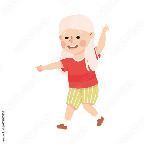 Funny Blond Girl Pointing at Something with Extending Hand and Index Finger Vector Illustration
