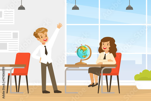 Back to School with Boy Raising Hand and Girl Sitting at Desk in Classroom Vector Illustration