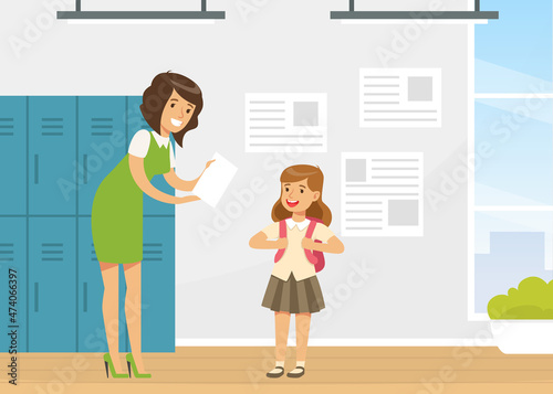 Back to School with Girl Talking to Teacher Vector Illustration
