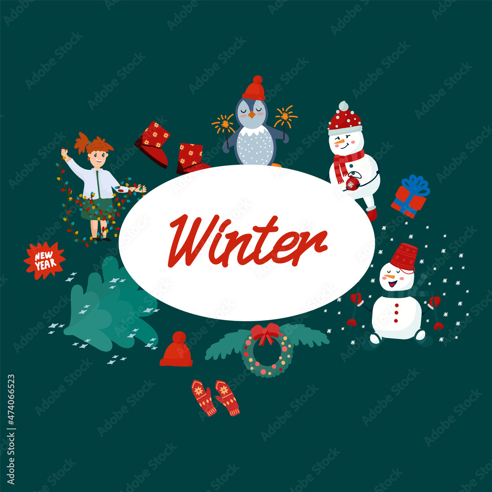 Christmas and New Year greeting card with seasonal elements. Festive winter poster with animals. Cartoon postcard with the inscription. Vector illustration