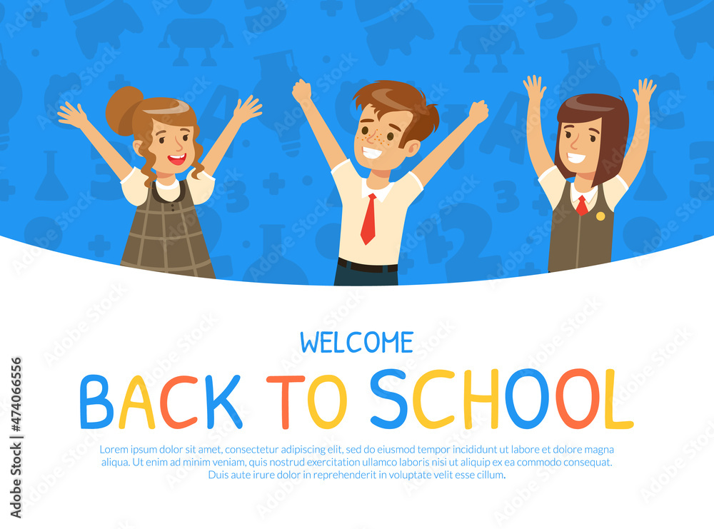 Back to School with Children in Uniform with Raised Hands Vector Template Back to School with Children in Uniform with Raised Hands Vector Template