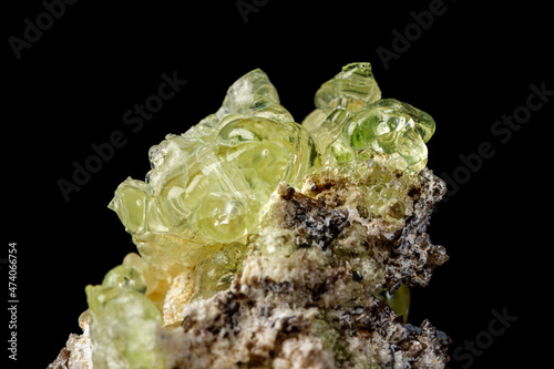 Macro stone Hyalite mineral, tourmaline Sherl, smoky quartz on a black background photo