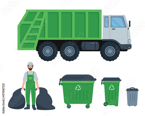 Garbage collection, Waste recycling and transportation set. Sanitary Vehicle, bins and dustman worker. Waste Collection, Vector flat or cartoon icons illustration isolated on white background. .