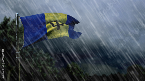 flag of Barbados with rain and dark clouds, tornado forecast symbol - nature 3D illustration