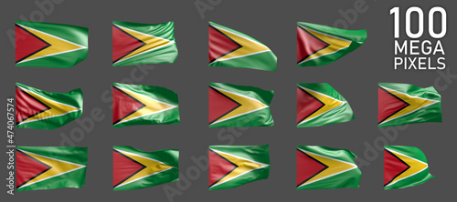 Guyana flag isolated - various images of the waving flag on grey background - object 3D illustration