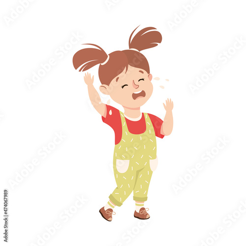 Little Girl in Jumpsuit Standing and Crying Feeling Sad Vector Illustration