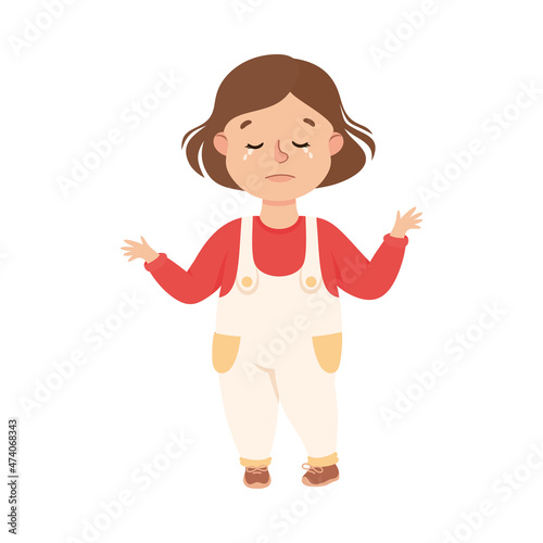 Little Girl in Jumpsuit Standing and Crying Feeling Sad Vector Illustration