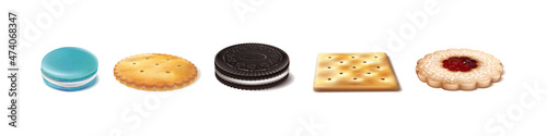 vector collection of types of cookes. Crackers, macaroons, linzar cookie, oreo. Isolated on white background. Side view.