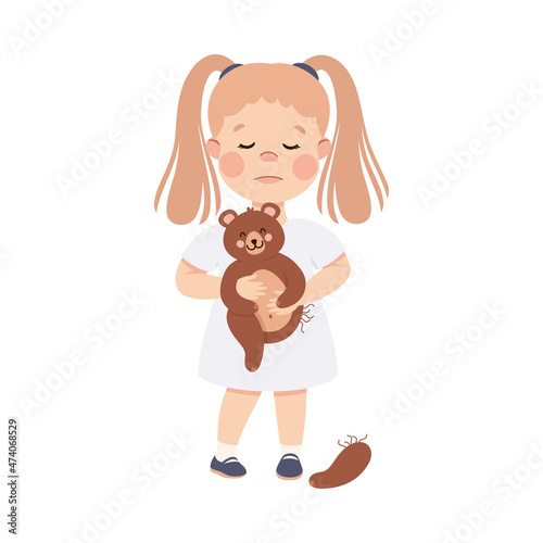 Little Sad Girl Holding Teddy Bear with Ripped Paw and Feeling Sad Vector Illustration