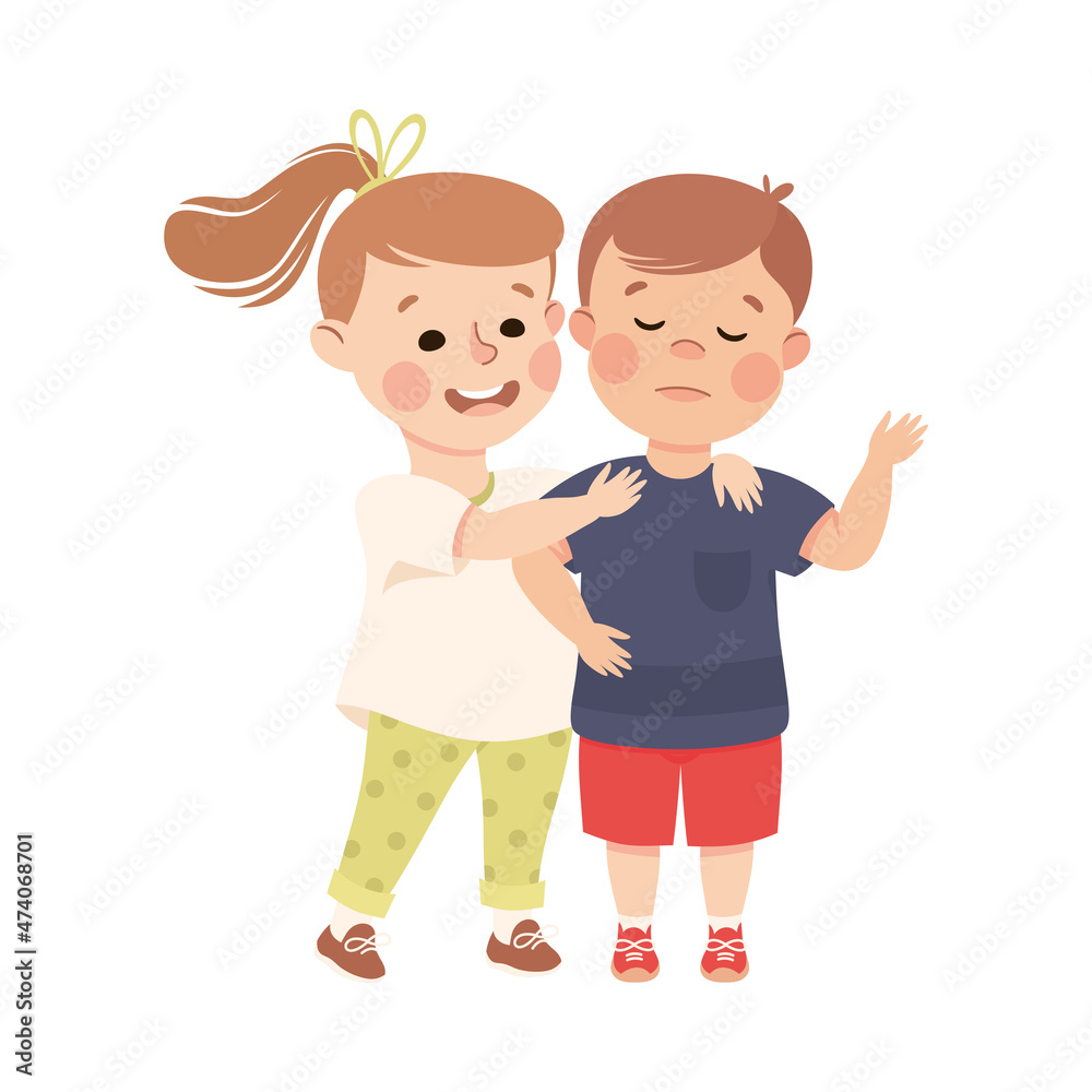 Little Girl Supporting and Comforting Sad Boy Friend Embracing Him Vector Illustration