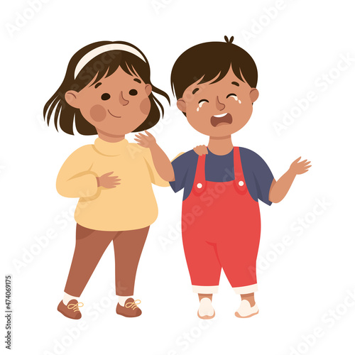 Little Girl Supporting and Comforting Crying Boy Vector Illustration