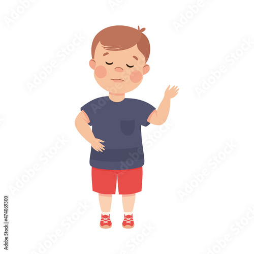 Little Boy Standing Looking Down and Feeling Sad Vector Illustration