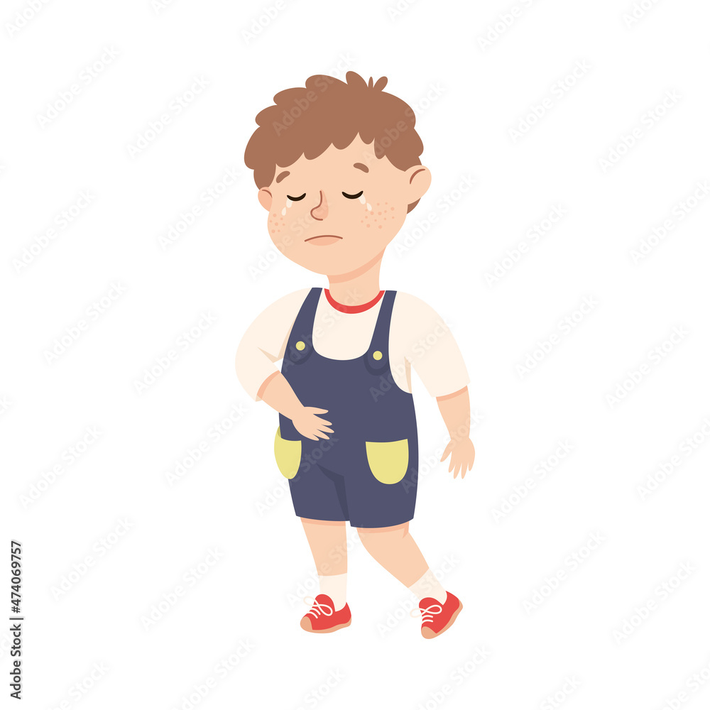 Little Boy Standing and Crying Feeling Sad Vector Illustration