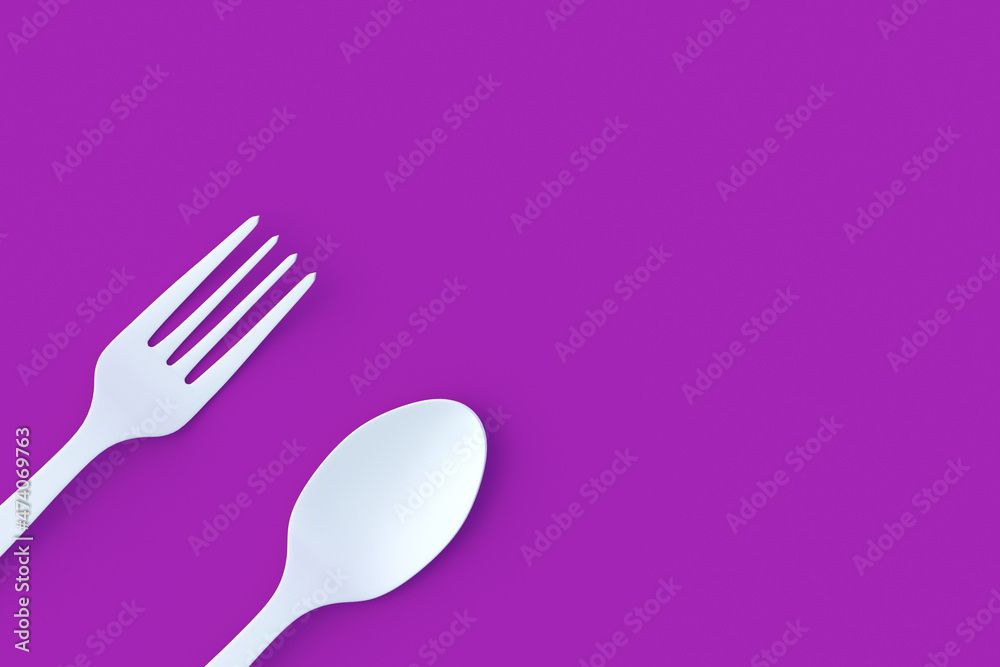 White fork and spoon on violet background. Copy space. Top view. 3d render White fork and spoon on violet background. Copy space. Top view. 3d render