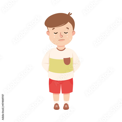 Little Boy Standing and Crying Feeling Sad Vector Illustration