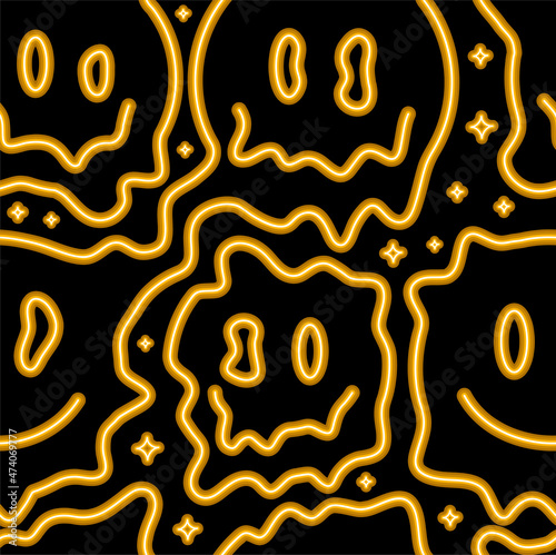 Funny psychedelic surreal melt smile face neon light seamless pattern.Vector illustration seamless pattern.Smile yellow neon face melt,acid,techno,trippy print for t-shirt,poster,card concept