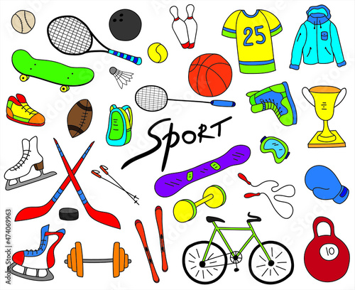 Sport items, sport equipment doodle set collection on white background. Health activity theme. Vector illustration.