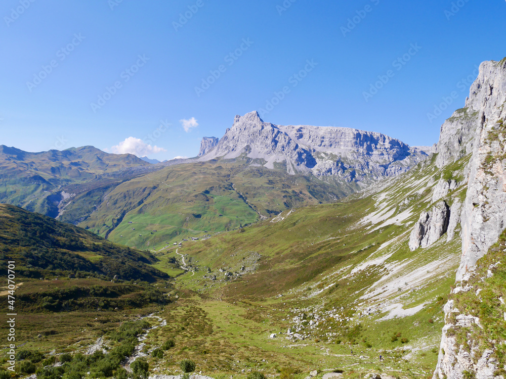 Alpine landscape in Praettigau with Partnun and Sulzfluh in the background. Graubuenden, Switzerland.