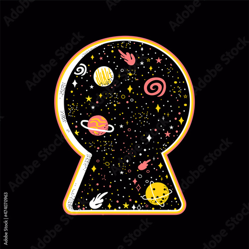 Keyhole silhouette with space cosmos inside. Vector abstract hand drawn cartoon illustration.Keyhole,mind,creative dream,conscious,mindfulness print for t-shirt,poster,card,sticker concept