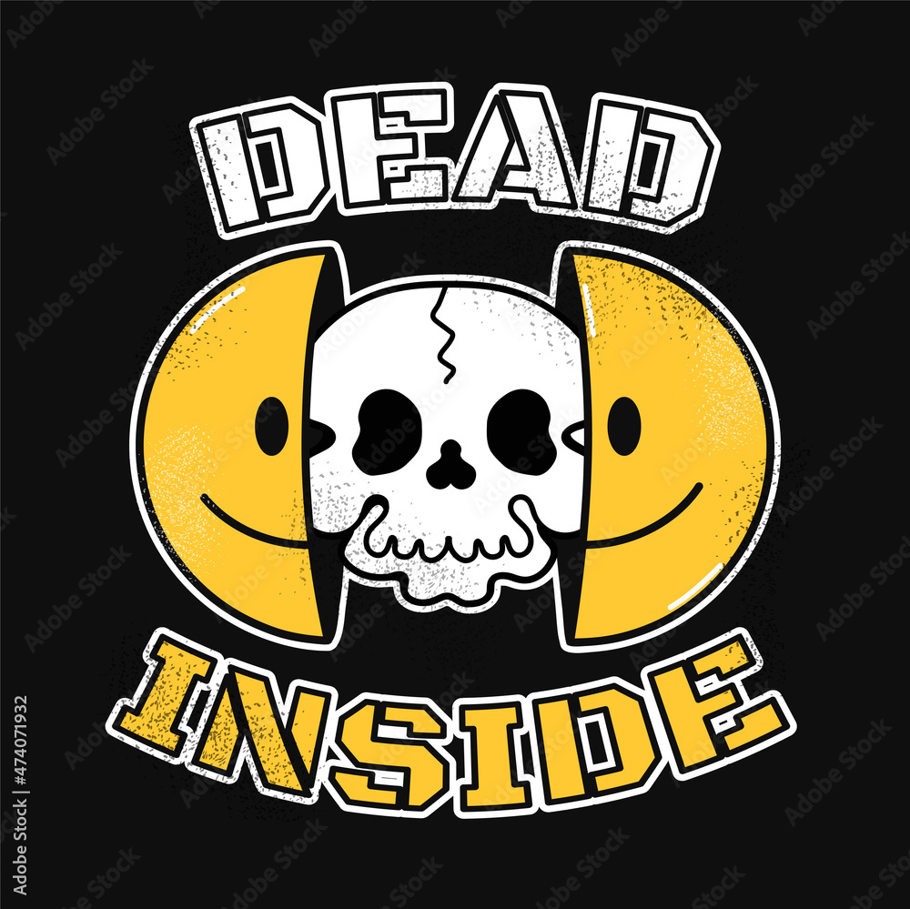 Two half of smile face with skull inside. Dead inside phrase. Vector hand drawn doodle cartoon character illustration. Smile emoji face,skull in head print for t-shirt, poster, card concept Two half of smile face with skull inside. Dead inside phrase. Vector hand drawn doodle cartoon character illustration. Smile emoji face,skull in head print for t-shirt, poster, card concept