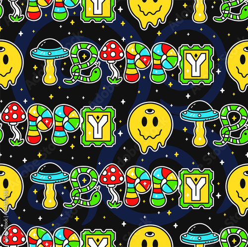 Trippy quote slogan and melt smile face seamless pattern. Vector cartoon doodle character illustration sticker logo. Trippy cartoon print for poster,t-shirt seamless pattern concept
