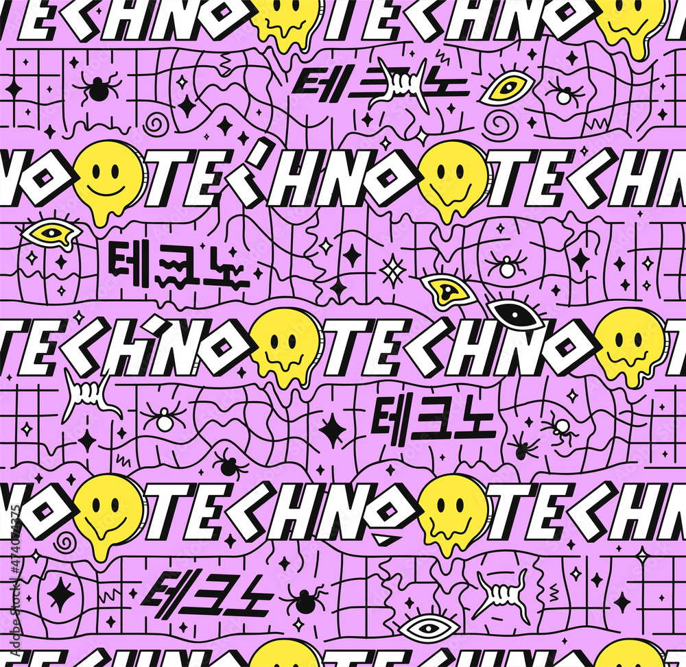Techno quote,crazy melt smile faces geometry abstract seamless pattern.Vector cartoon character illustration.Smile techno faces,melting,acid,grid,techno seamless pattern wallpaper print concept Techno quote,crazy melt smile faces geometry abstract seamless pattern.Vector cartoon character illustration.Smile techno faces,melting,acid,grid,techno seamless pattern wallpaper print concept