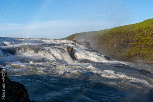 Beautiful aerial view of Iceland Gullfoss waterfall with a rainbow in the Golden Circule