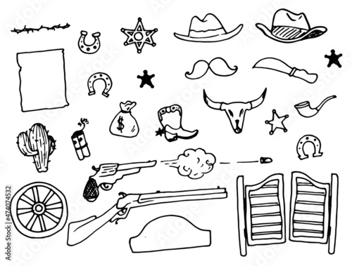 A set of Wild West icons. hand-drawn vintage elements in the style of doodles of cowboy boots for rodeo in the wild West style with spurs, pipe, shotgun, bullet, salon doors, cactus, hat with black ou