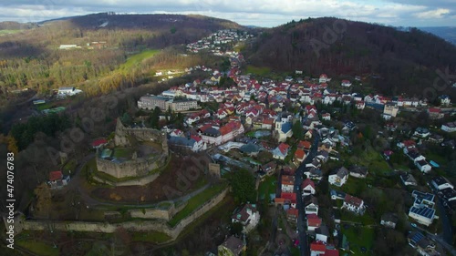 Aerial view of the city Lindenfels in Germany. On a overcast day in Autumn.  photo