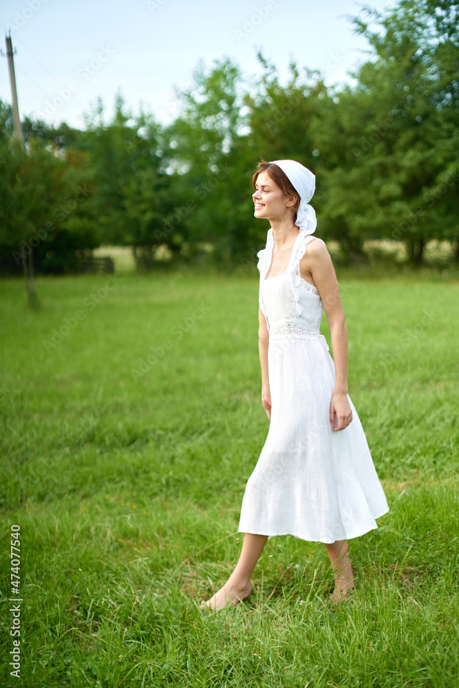 Woman in white dress countryside village nature ecology Woman in white dress countryside village nature ecology