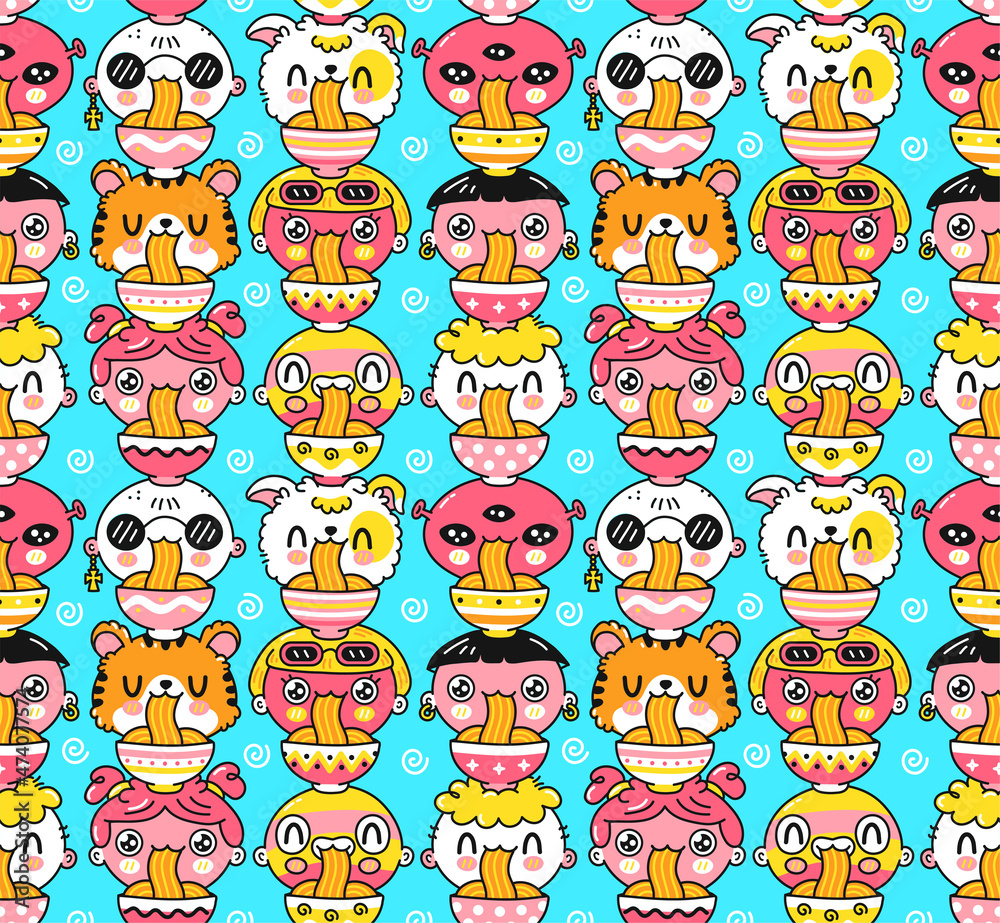 Fototapeta premium Cute funny noodles eat seamless pattern. Vector hand drawn cartoon kawaii character illustration icon. Different people, tiger, dog, alien eat asian noodles food seamless pattern,wallpaper concept