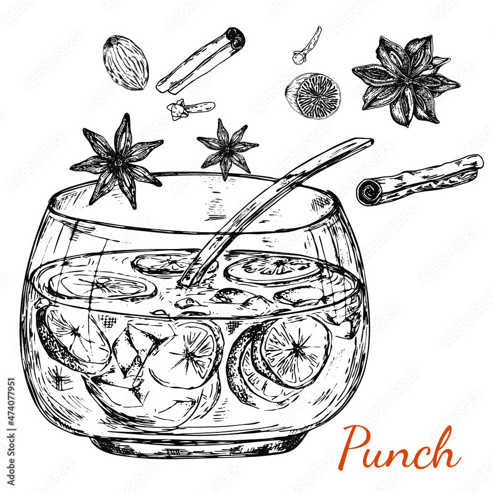 Punch bowl. Black and white stock illustration. Engraving. Festive drink. With ladle.Isolated on