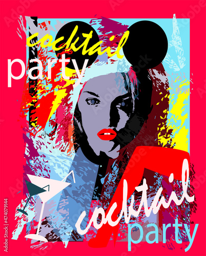 Cocktails party with beautiful girl with mouse ears and sexy leg with high heels poster background.