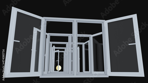 A row of windows through which light from a round source is visible at the end of the tunnel, isolated on black. The far window is half-closed, the front one is wide open. 3D rendering, illustration.
