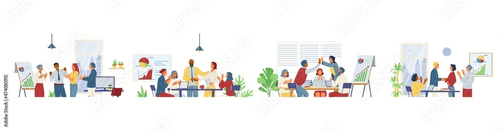Set of business team congratulates colleague flat vector illustrations. Diverse people in office interior celebrating successful project, career promotion, new contract. 